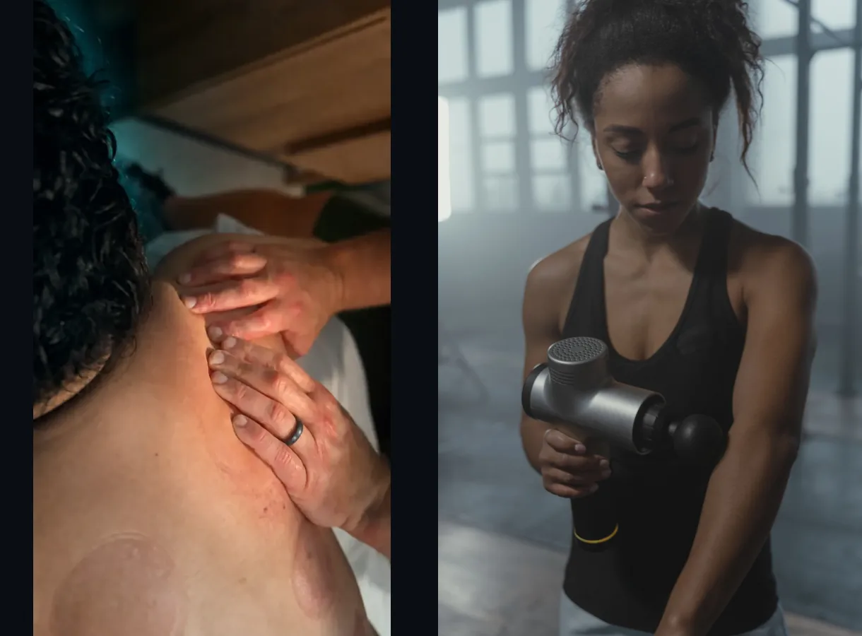 Soft tissue therapist performing hands-on myofascial release compared with a handheld massage gun at Body In Gear in Palatine, IL